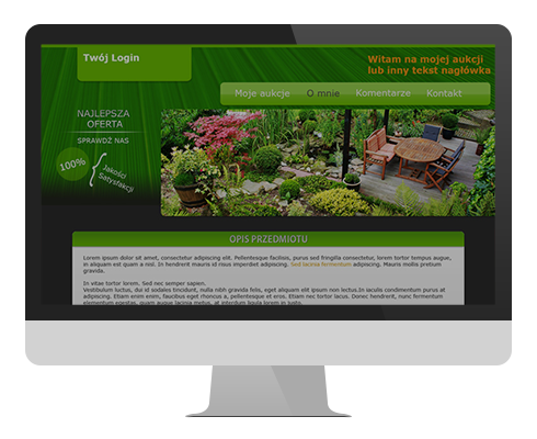 szablon aukcji allegro dla kategorii dom i ogród, kolorystyka zielona. Łatwa edycja, szybko wystawisz nowe przedmioty na sprzedaż